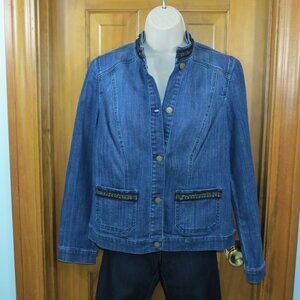 Chico's Blue Jean Jacket Button Long Sleeve Black & Gold Accents Size 0